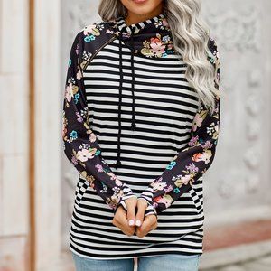 Striped Floral Print Long Sleeve Hoodie